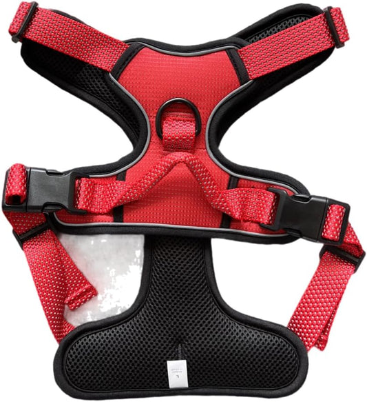 Red dog harness with reflective strips. View of chest section with D-clip