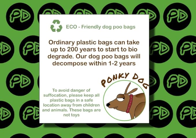 Back of the box of Ponky Dog poo bags showing information about the bags