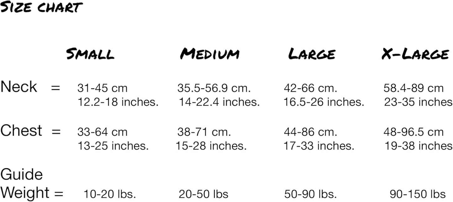 Size chart for dog harness