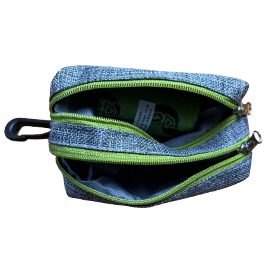 Dog poo bag dispenser with both chambers unzipped