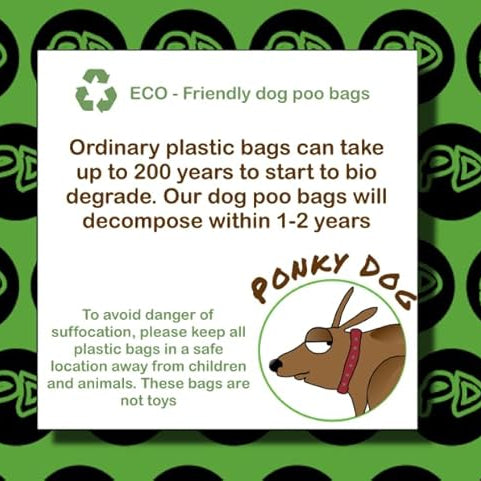 Ponky Dog eco-friendly extra strong dog poo bag packaging with text and branding on a green background