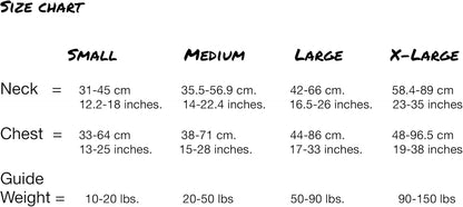 Size chart for dog harness