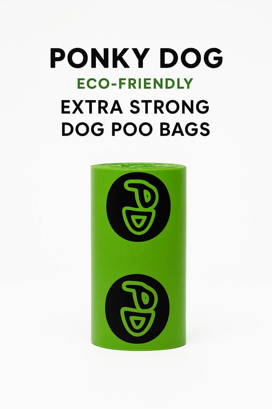 Green roll of Ponky Dog eco-friendly, extra strong dog poo bags on a white background