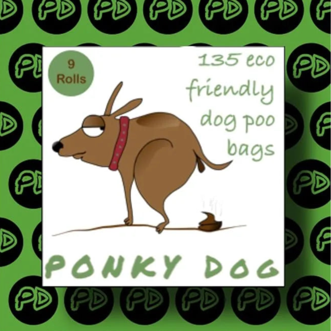 Packaging of Ponky Dog extra strong poo bags with a brown dog doing a poop